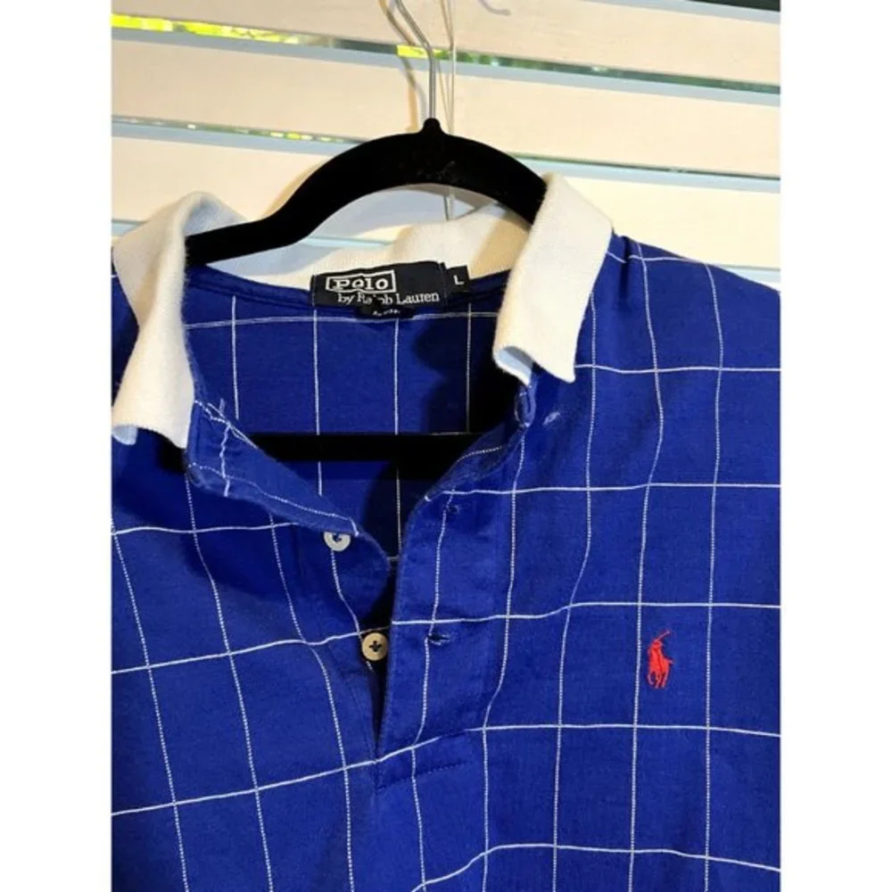 Polo Ralph Lauren Mens Blue Windowpane Check Polo‎ Shirt White Collar Large L